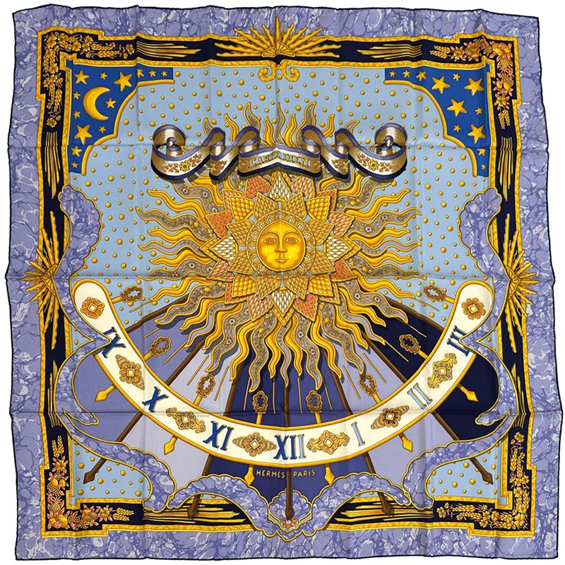 エルメス HERMES スカーフ カレ90 CARPE DIEM 今日一日を楽しむ レディース ブランド シルク パープル ブルー マルチカラー 太陽 大判 【中古】