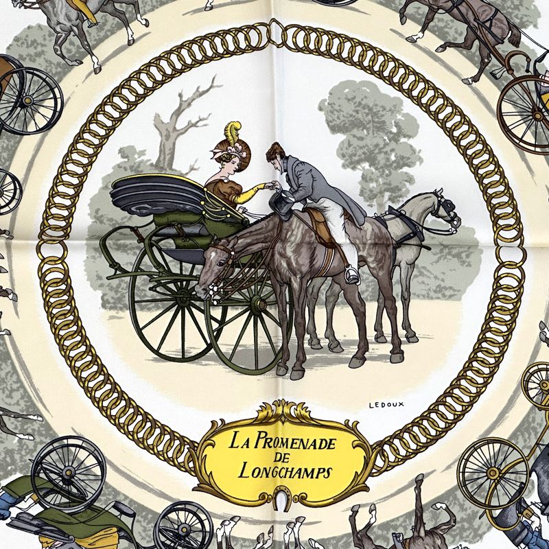 エルメス HERMES スカーフ カレ90 LA PROMENADE DE LONGCHAMPS ロンシャンへの散歩 レディース ブランド シルク ブルー マルチカラー 馬 馬車 大判 【中古】