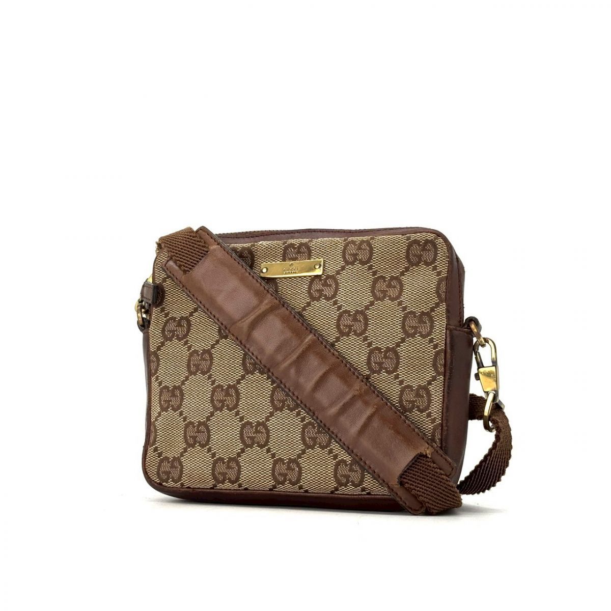【余白まで美しく】　GUCCI　ショルダーバッグ GGキャンバス スクエア ゴールド金具 クロスボディ ミニバッグ　ブラウン