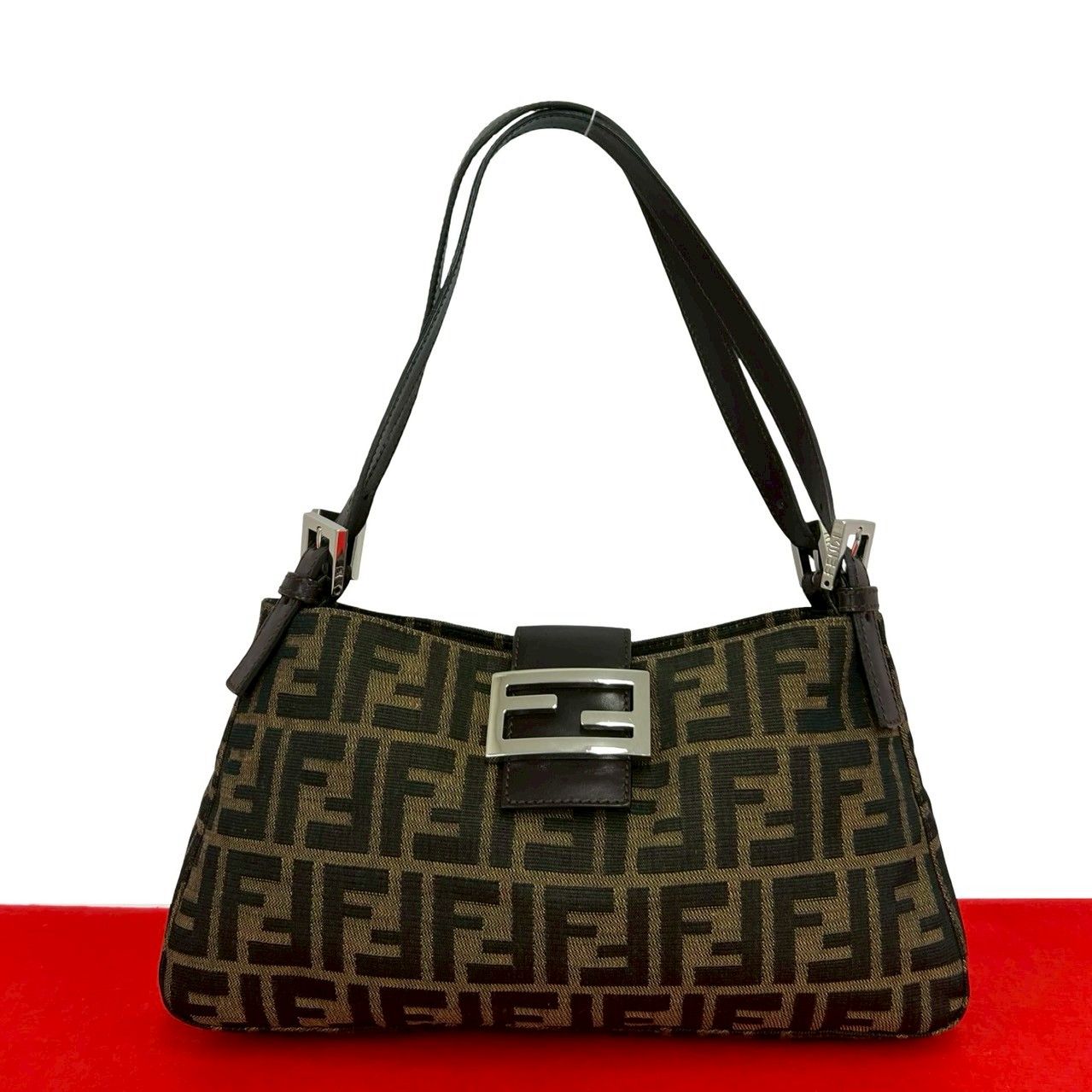 極 美品 FENDI フェンディ ズッカ FF ロゴ 金具 キャンバス レザー 本革 セミ ショルダーバッグ ハンドバッグ ブラウン 茶 25887