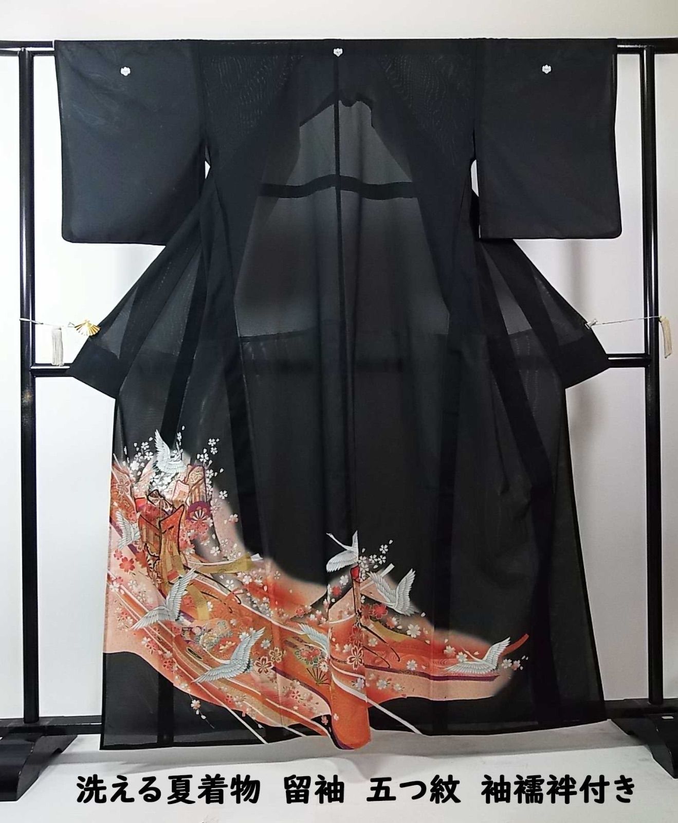 【夏着物　絽】化繊　洗えるお着物　夏黒留袖　比翼付き　五つ紋 逸品 夏黒留袖 駒絽 洗える着物 御所車文様 金彩 比翼・袖襦袢付 ②