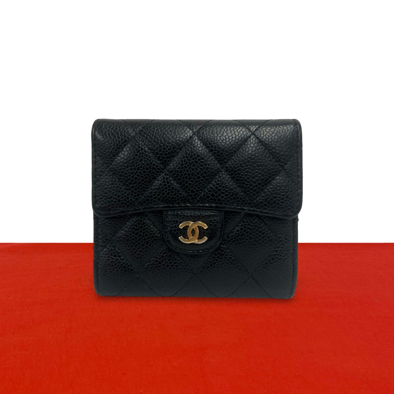 極 美品 シール有 24番台 CHANEL シャネル マトラッセ ココマーク キャビアスキン 三つ折り 財布 ミニ ウォレット 小銭入れ ブラック 56674
