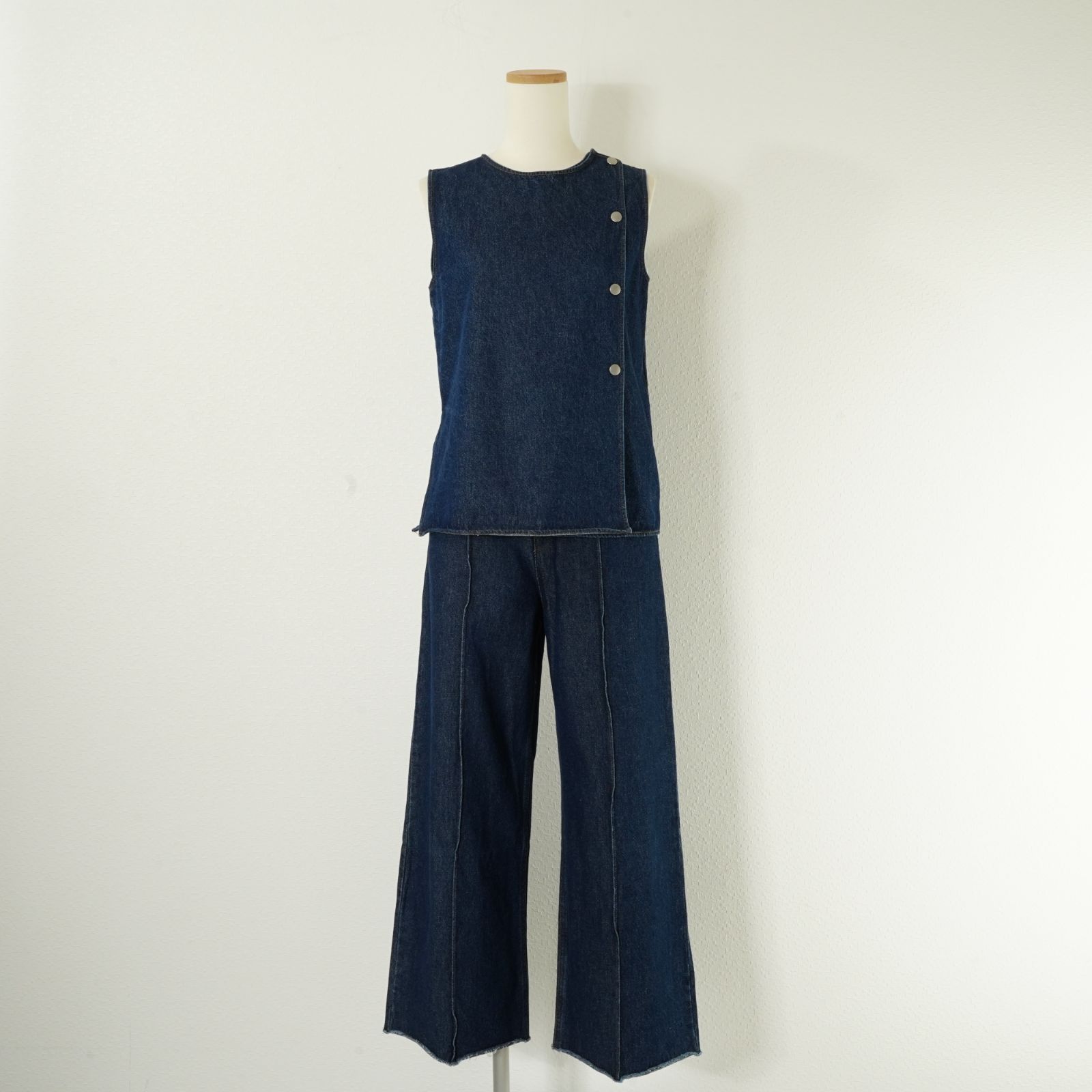 AMERI アメリ DOT BUTTON DENIM SET UP デニム セットアップ ワイドパンツ トップス ベスト ベルト