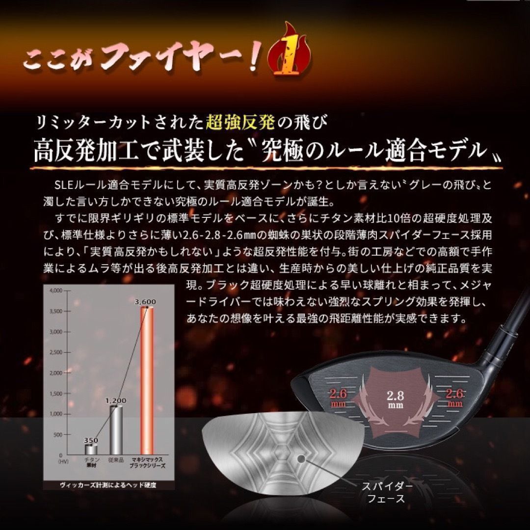 誕生★高反発加工の最強適合! ワークスゴルフ　ファイヤー マキシマックス ブラックシリーズ　三菱ケミカル　プラチナ飛匠　シャフト　仕様
