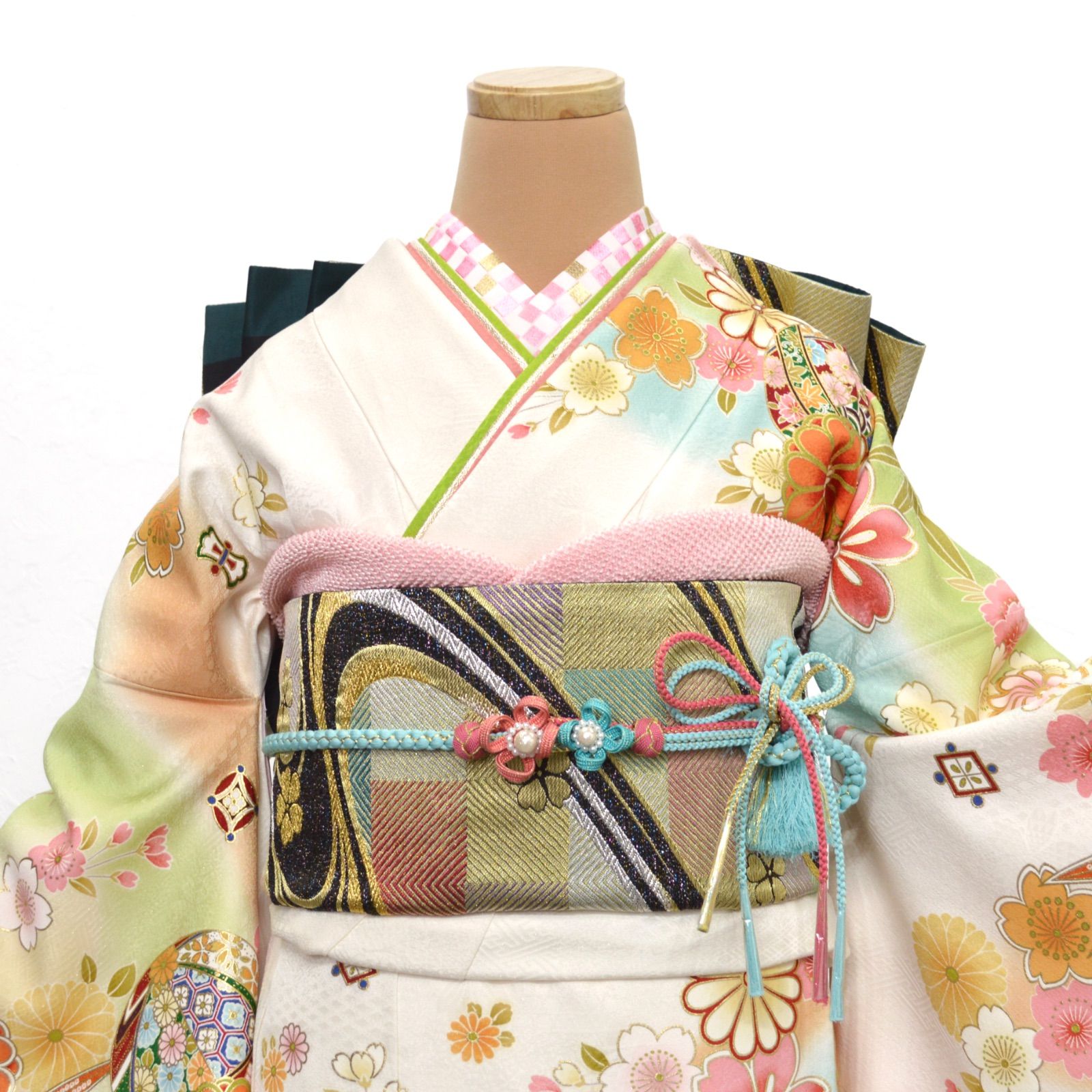 美品》正絹 振袖6点セット M〜Lサイズ 成人式 振袖セット パールトーン