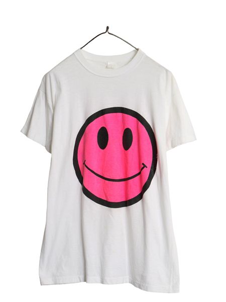 80s スマイル イラスト プリント Tシャツ メンズ M レディース L 程 ヴィンテージ キャラクター グラフィック アート ニコちゃん 白 ピンク