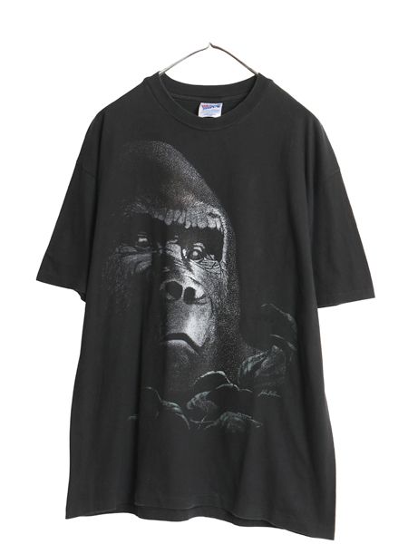 90s USA製 ゴリラ 大判 アート イラスト プリント Tシャツ メンズ XL オールド アニマル グラフィック シングルステッチ 大きいサイズ 黒