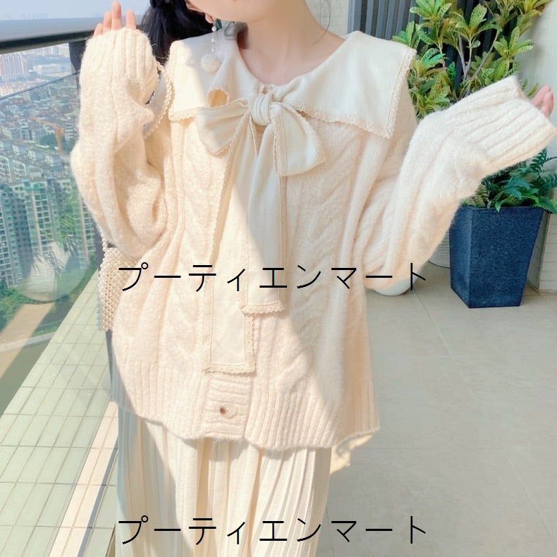 人気商品 ガーリー セーラーカラープリーツワンピースセットアップ 秋冬 春 レディース ワンピース ニットカーディガン セットアップ ボウタイリボン 可愛い カジュアル レトロ可愛い セーラー襟 カレッジスタイル