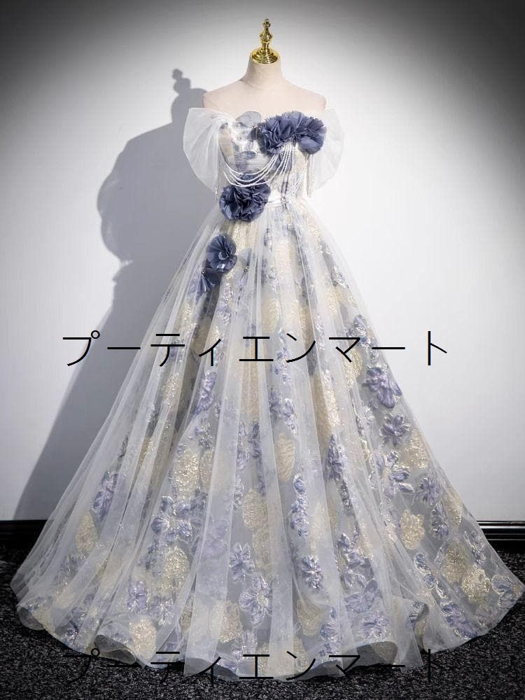 人気商品 新品 ブルーフラワー刺繍とレースが輝くロマンティックロングドレス