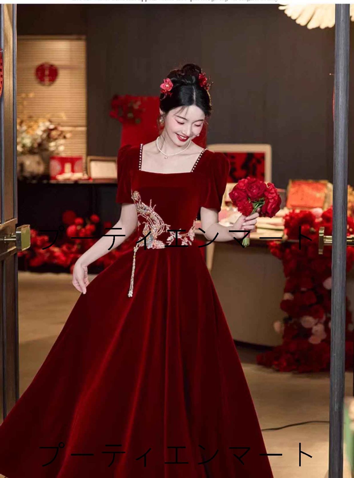 人気商品 チャイナドレス ロング丈 マキシ丈 チャイナ ドレス 中国風結婚式 花嫁ドレス 半袖 改良中華ドレス ワインレッド 前撮り 中国風ウェディングドレス 中華服 チャイナ服 中華 舞台ステージ 衣装 ワインレッド