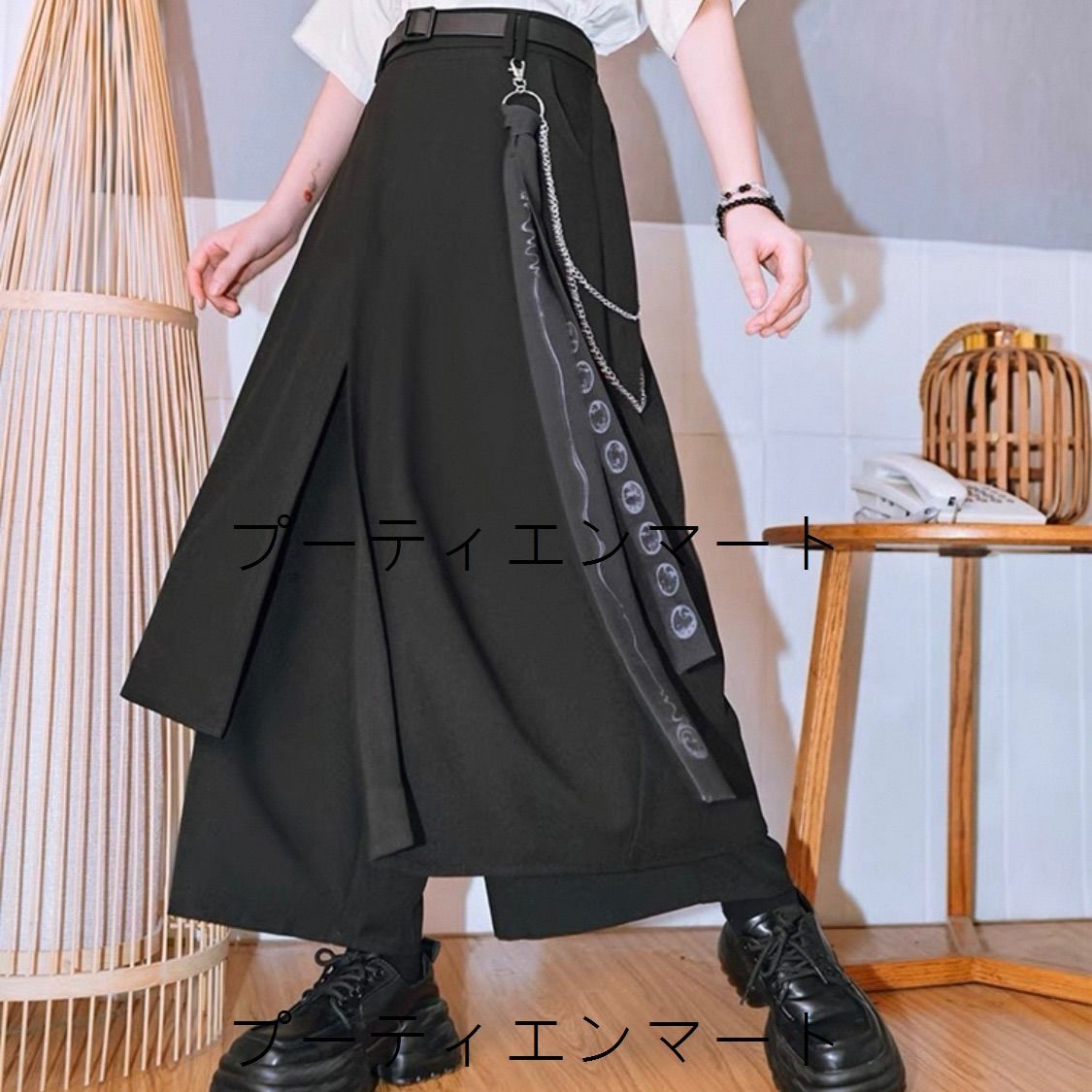 人気商品 和風モードパンツ　黒 ロング丈 プリーツ入り ユニセックス パンク系 ストリート カジュアル 個性派 原宿系 着物風 ガウチョ　アシンメトリー　ズボン　ブラック　サブカル　ファッション　原宿　渋谷　モード 8,042円