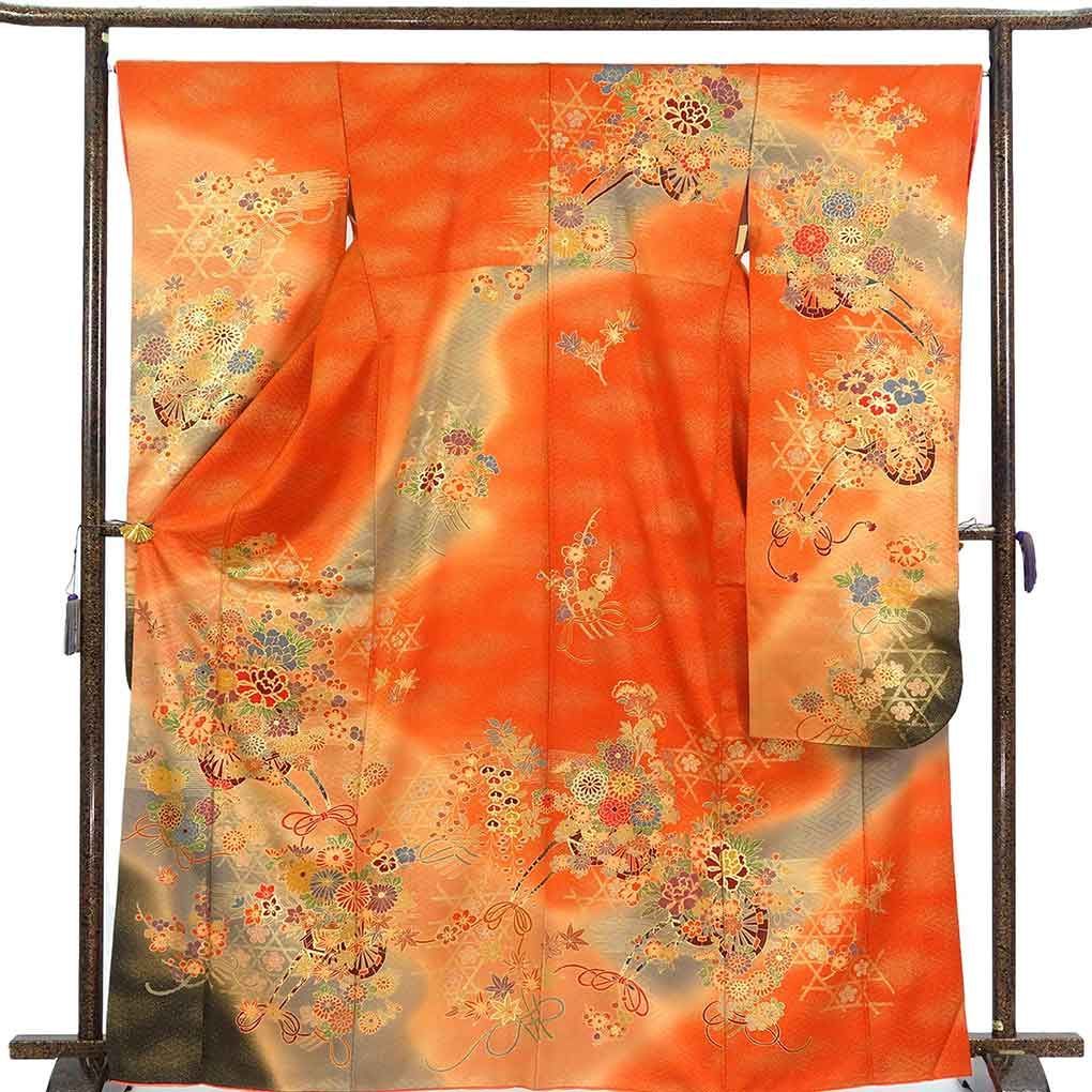振袖 身丈167cm 裄66cm 前幅23cm 後幅30cm 袖丈109cm 袖幅34cm レディース 袷 花車 裄長 裄M-Lサイズ 秋冬春用 正絹（シルク）オレンジ トールサイズ 美品 リメイク リユース リサイクル【呉服のきくや】