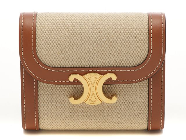 CELINE セリーヌ トリオンフ スモールフラップウォレット ナチュラル/タン キャンバス/カーフ 10D782DB2.02NT 三つ折り財布【中古】430