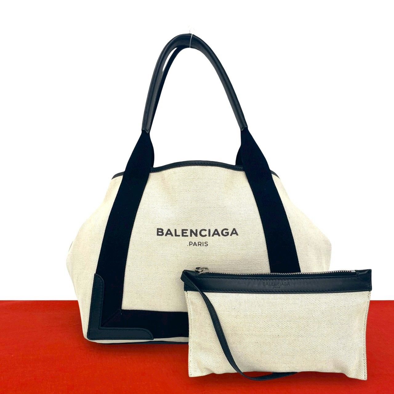 yuuki BALENCIAGA トートバッグ アイボリー/ネイビー 極 美品 BALENCIAGA バレンシアガ ネイビーカバス キャンバス レザー