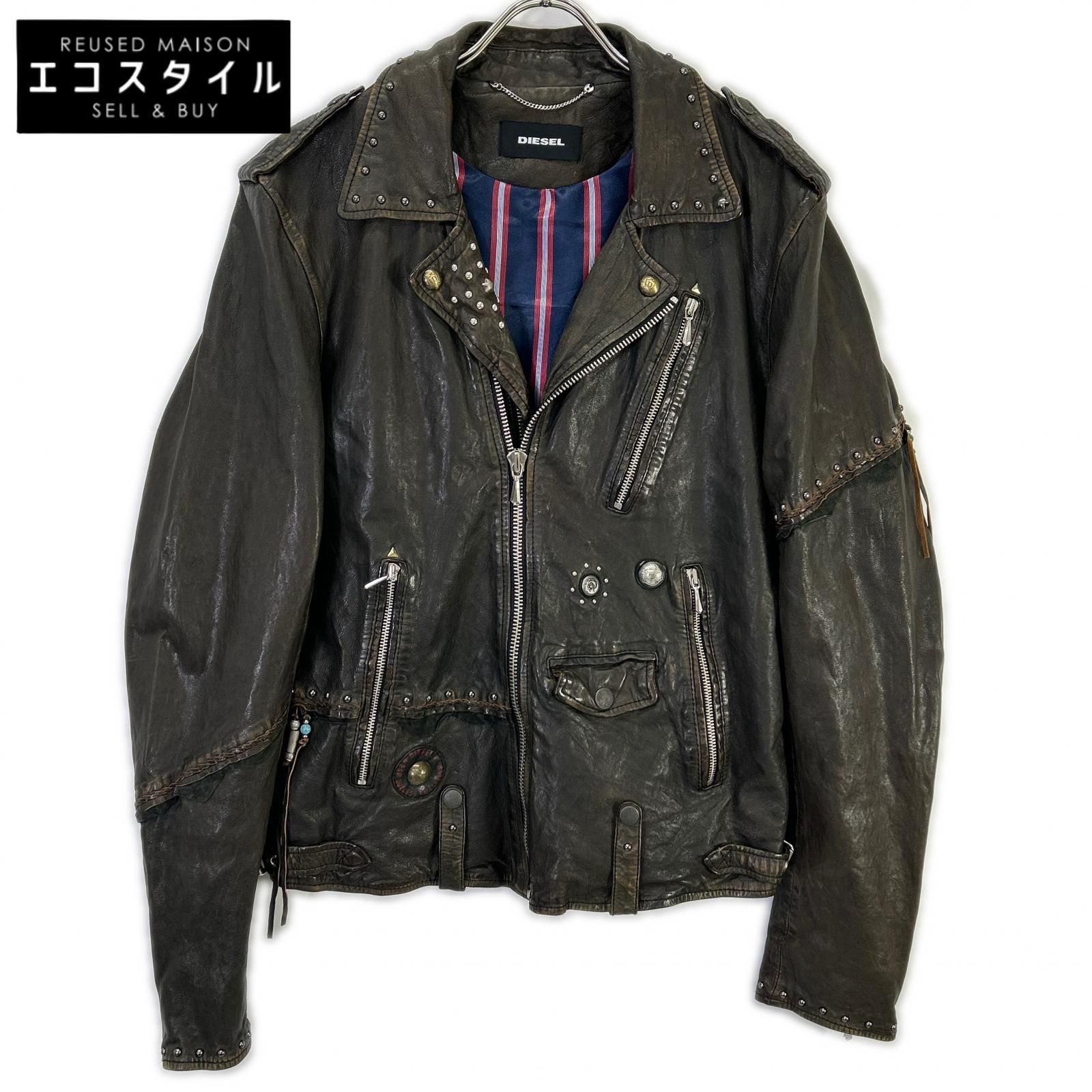 DIESEL ディーゼル ブラウン系 スタッズ USED加工 レザージャケット 48
