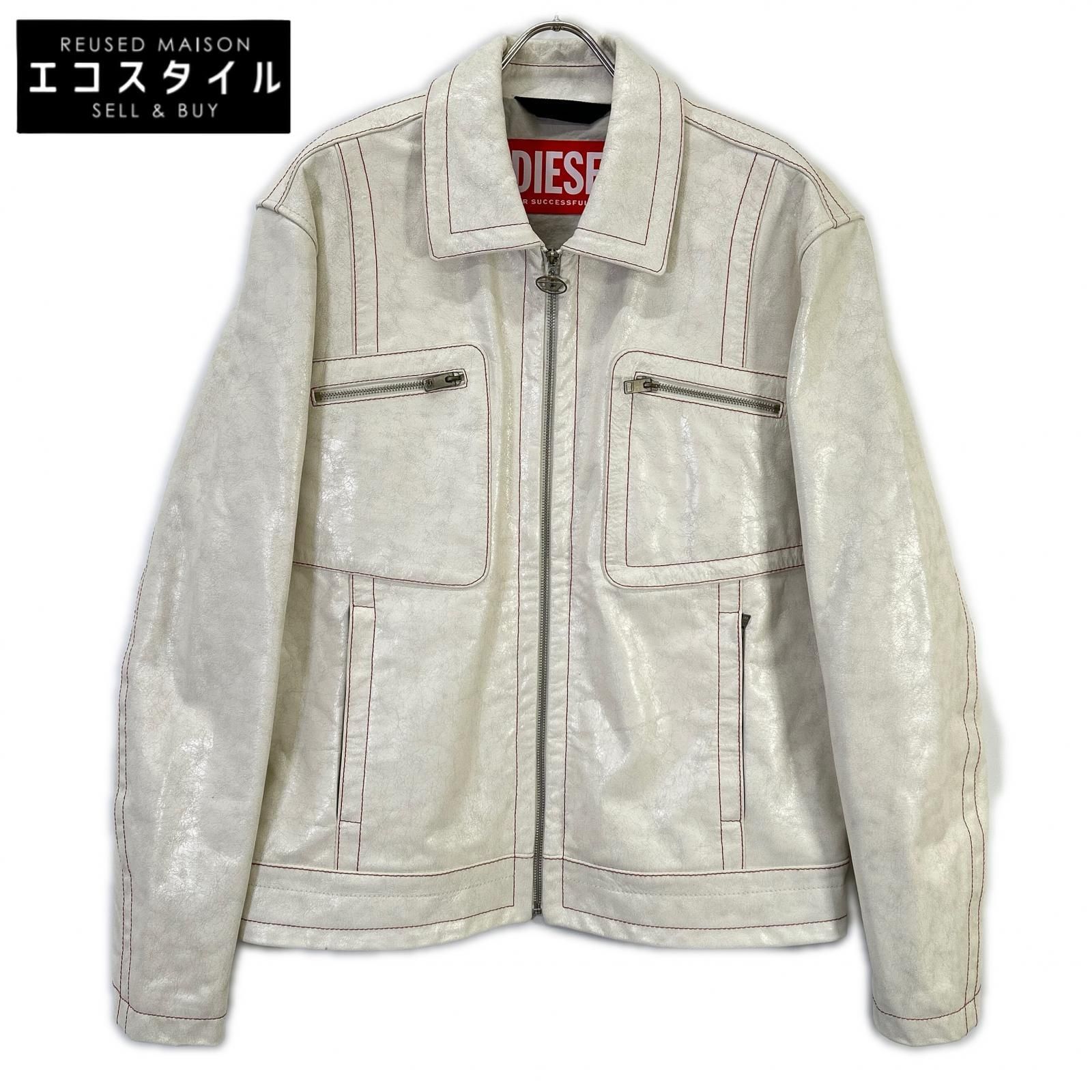 DIESEL　ディーゼル　ホワイト クラック加工 レザー ジャケット　XXL