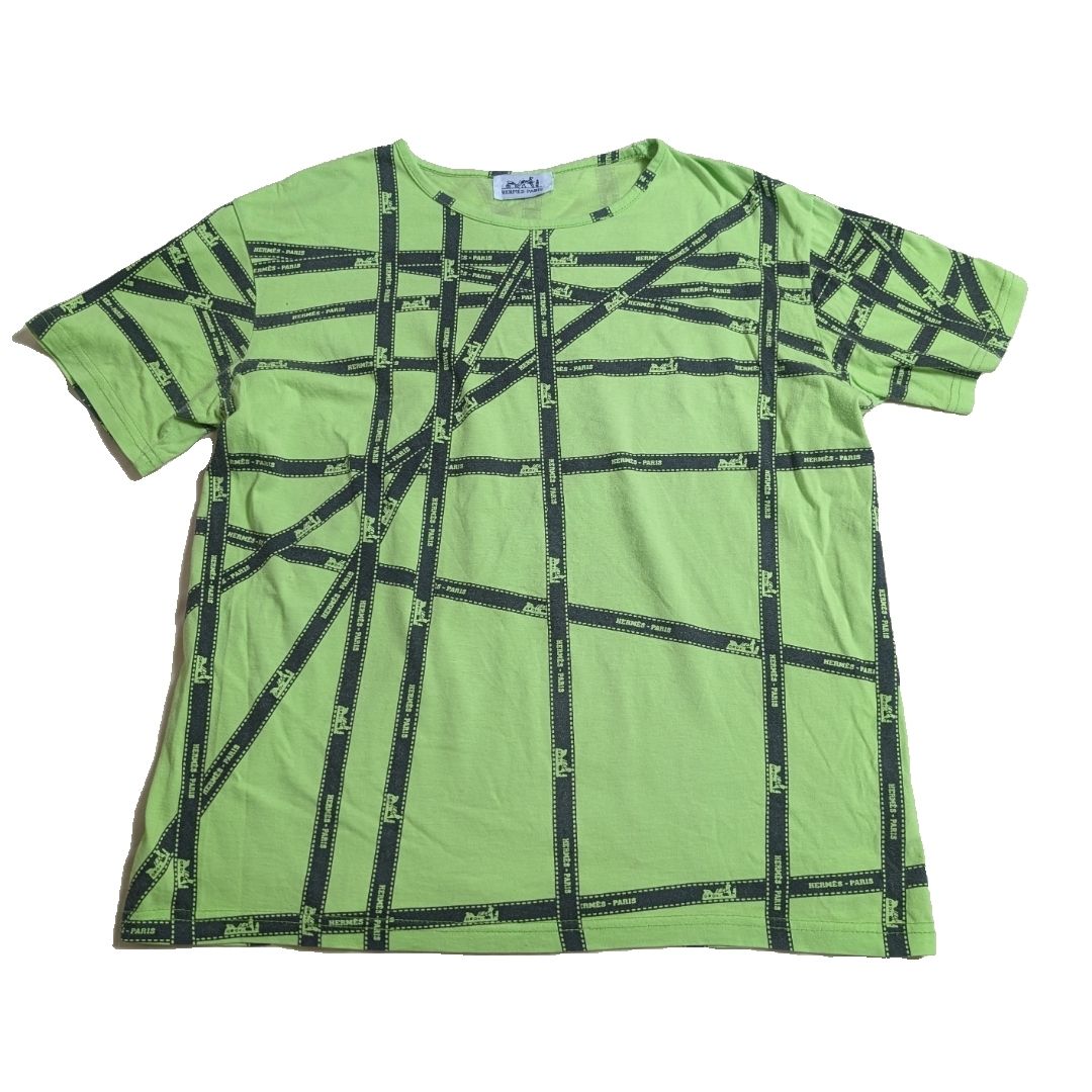美品 エルメス マルジェラ期 リボン柄 Tシャツ グリーン 半袖 クルーネック レディース XS