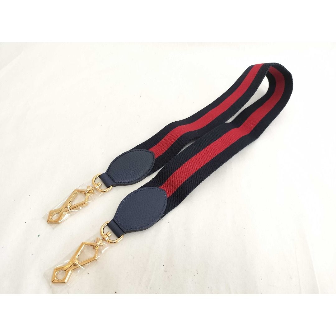 未使用品 グッチ ショルダーストラップ シェリーライン ネイビー × レッド レザー × コットン ゴールド金具