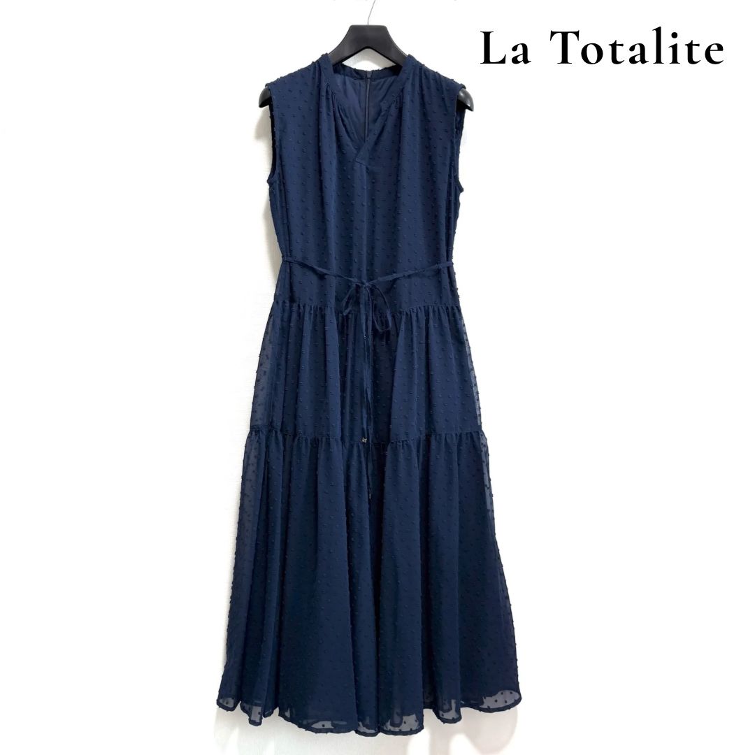 ◆美品◆ La Totalite ラトータリテ ドットジャガード ティアード ノースリーブ ロングワンピース ネイビー系