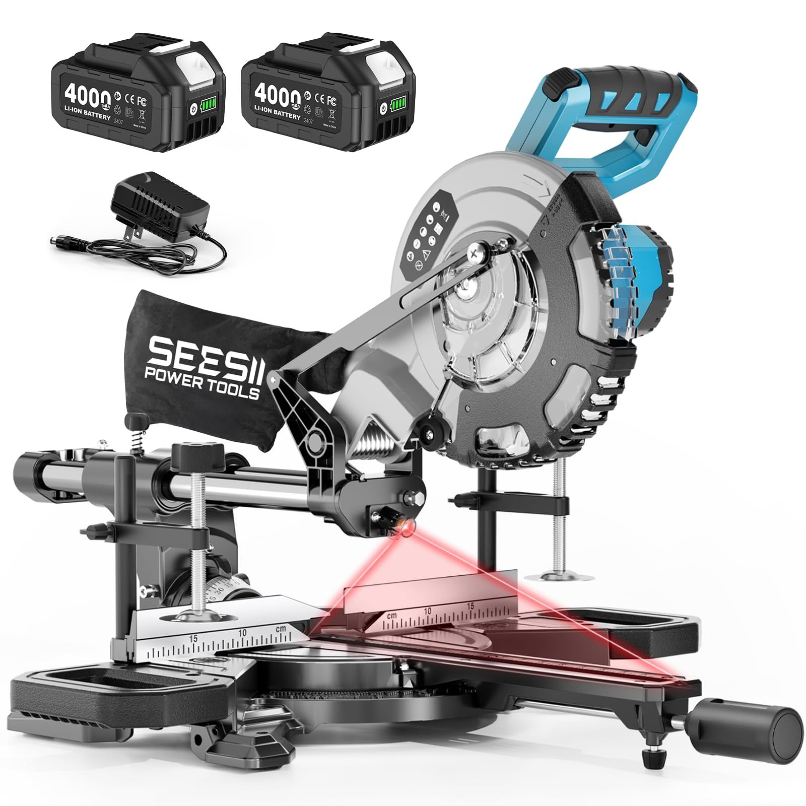 SEESII 卓上スライド丸のこ 刃径210mm 最大切断幅305mm 充電式 電動 スライド丸鋸 8インチ レーザー付き 卓上丸ノコ 4.0Ah大容量バッテリー2個 ブラシレスモーター 無段階変速 LED自動点灯 目盛付き 安全スイッチ 集 97c8550c