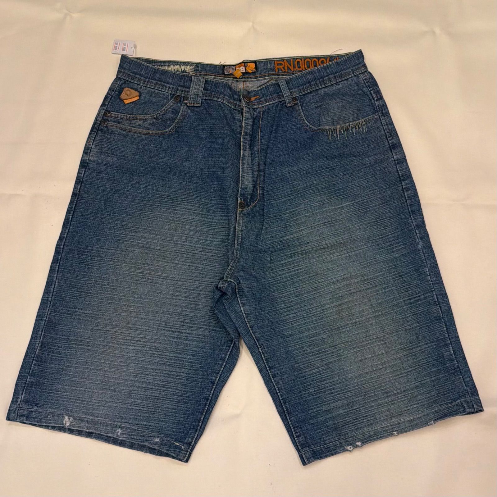 90s 00s　akademiks　hiphop　ショート　ハーフ　デニム　ジョーツ　パンツ　ワイド　極太　bboy　Y2K　海外　ストリート　W38　刺繡　【P-241】