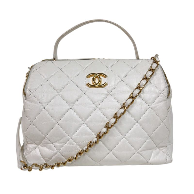 シャネル CHANEL マトラッセ2wayボーリングバッグ AS3740 ホワイト　ゴールド金具 カーフスキン レディース ショルダーバッグ