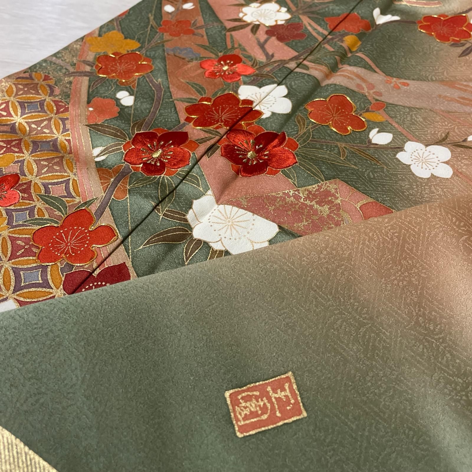 作家物 訪問着 裄67 トールサイズ 染めに刺繍 金彩 美しい花模様 着物 正絹 X-2871
