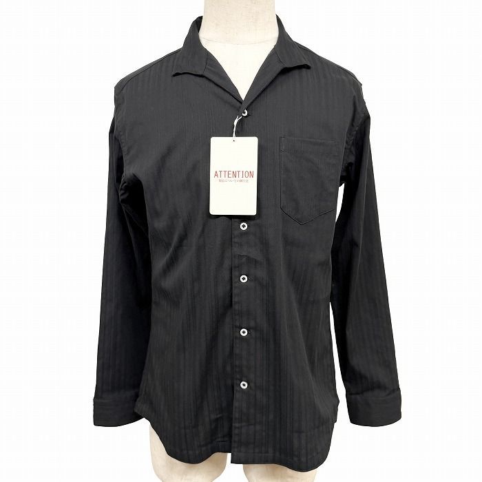 【新品】[印象N] NICOLE CLUB FOR MEN ニコルクラブフォーメン オープンカラーシャツ スリムフィット 開襟 襟のフチにワイヤー入り 胸ポケット付き ロングスリーブ ストライプ柄 長袖 中国製 綿×ポリウレタン 48 ブラック メンズ