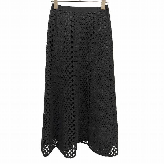 【新品/訳アリ】[印象NB] Sun Amy ロングスカート フレア Aライン レース ウエストゴム 裏地付き 後ろファスナー ドット柄・水玉柄 麻100% リネン100% 40 ブラック 黒 レディース