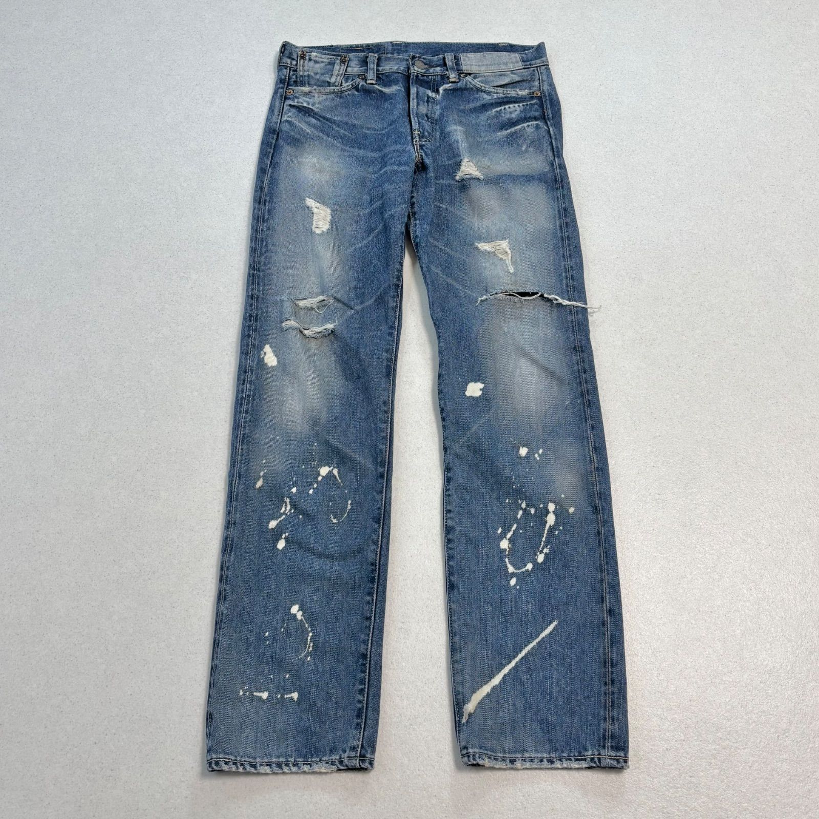 LEVI'S VINTAGE CLOTHING LVC 66501 501XX 66年復刻 ダブルネーム 赤耳 BIG E W31 日本製 リーバイス ペンキ ペイント ダメージ加工 クラッシュ デニム ジーンズ メンズ Mサイズ相当