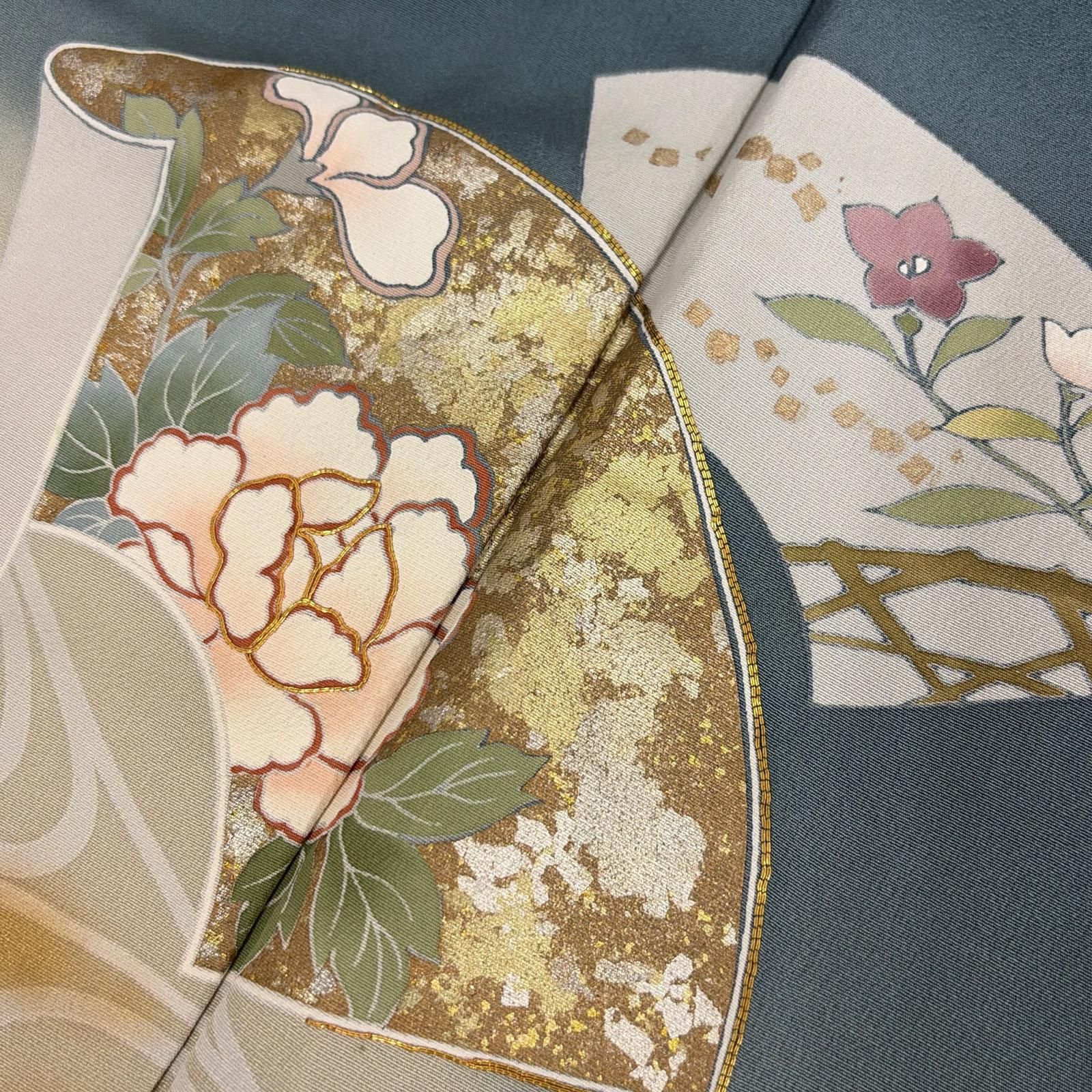 色無地 金駒刺繍 流水に鶴 金彩 裄66.5 一つ紋 ガード加工 正絹 着物