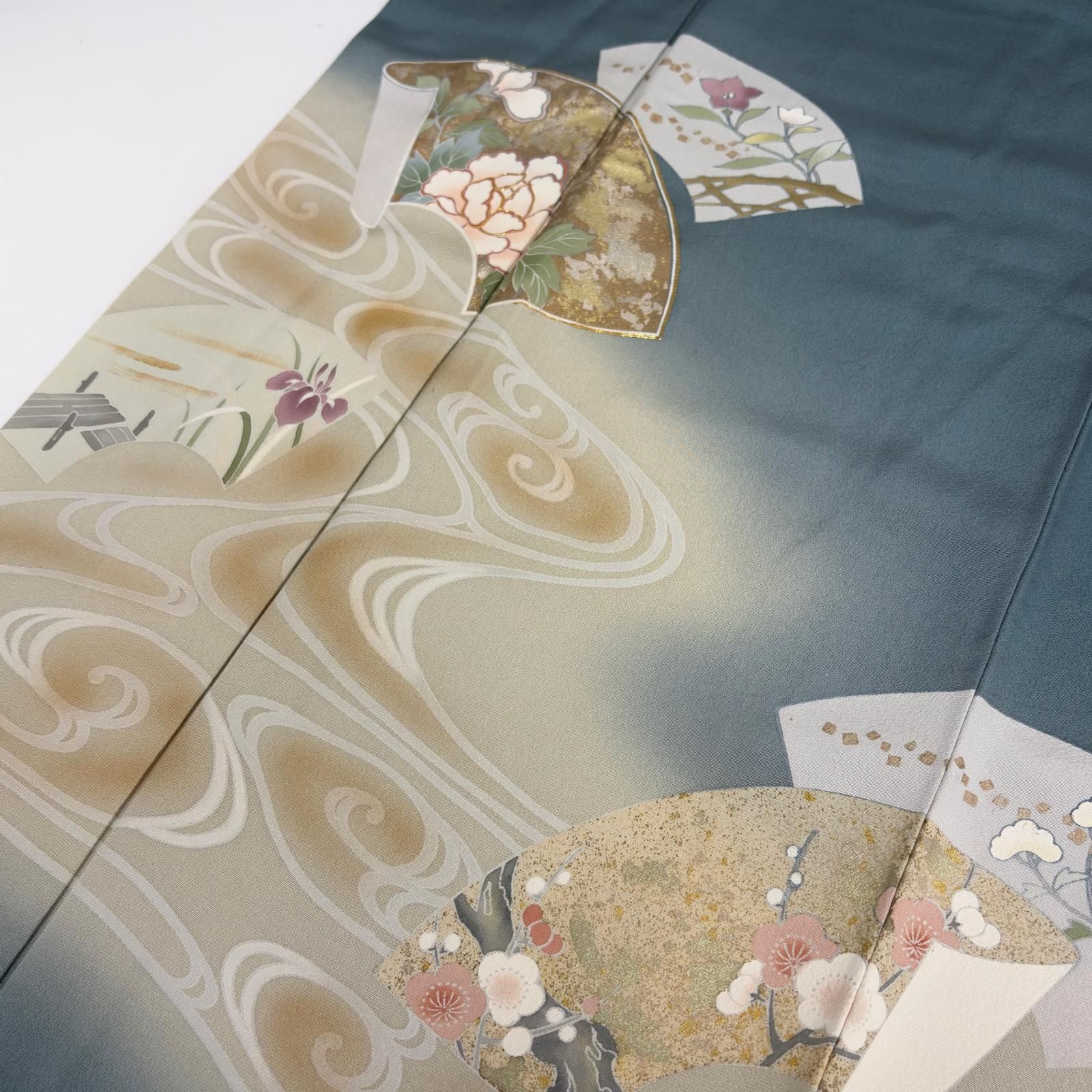 色無地 金駒刺繍 流水に鶴 金彩 裄66.5 一つ紋 ガード加工 正絹 着物 