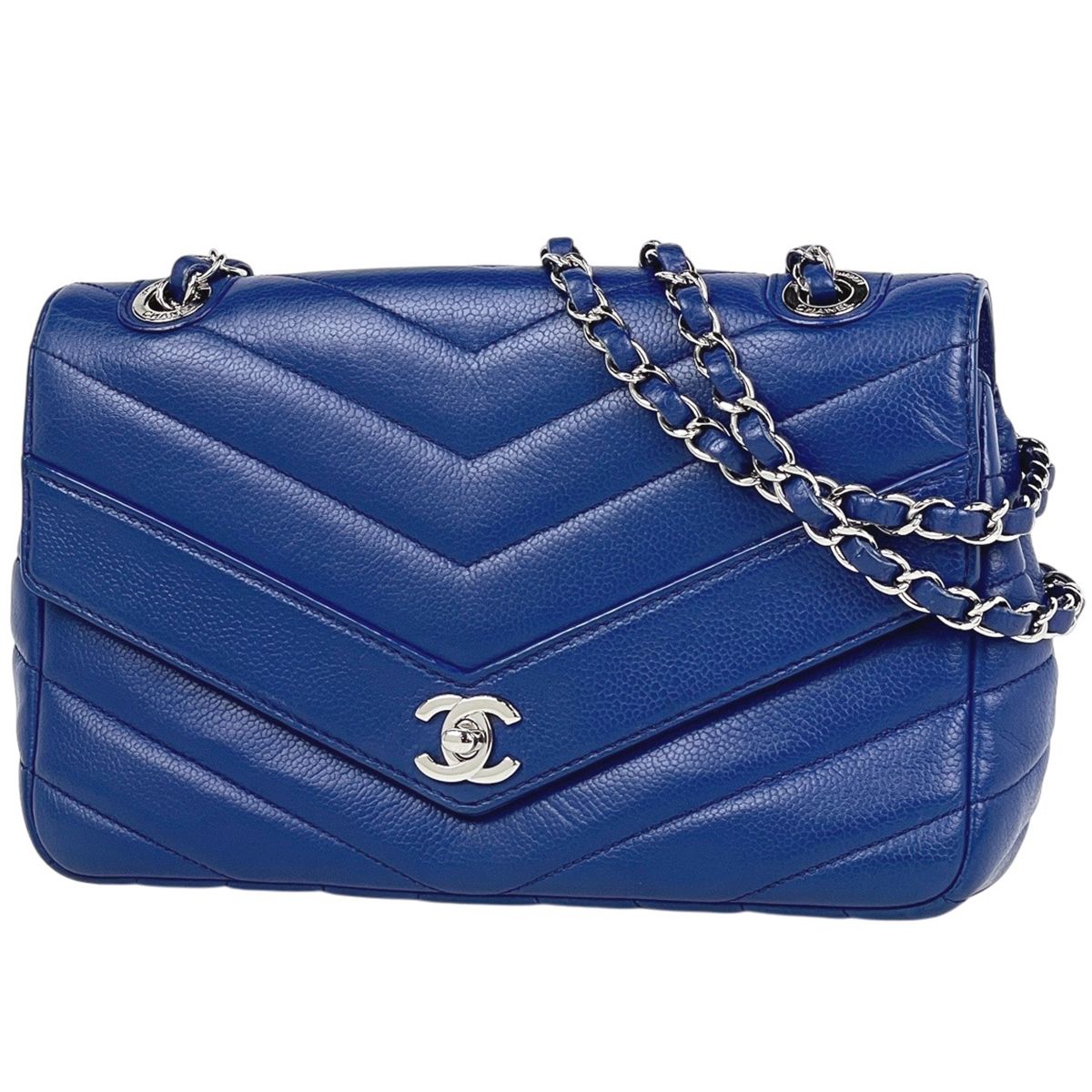 希少✨美品✨シャネル シェブロン スタッズ Vステッチ ココマーク ブルー系 シャネル CHANEL Vステッチ チェーン ショルダーバッグ ココマーク