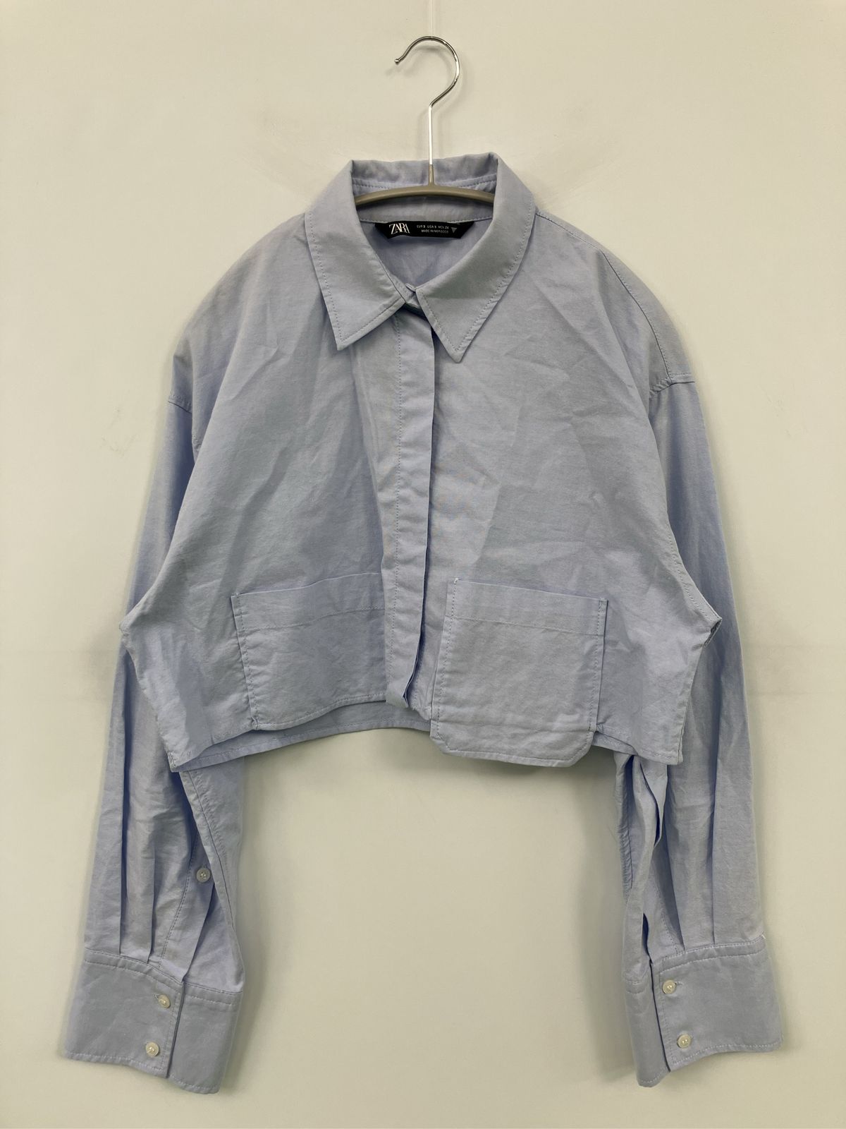 ZARA ザラ シャツ/ブラウス S スカイブルー コットン 無地 ショート丈 長袖 レギュラーカラー レディース
