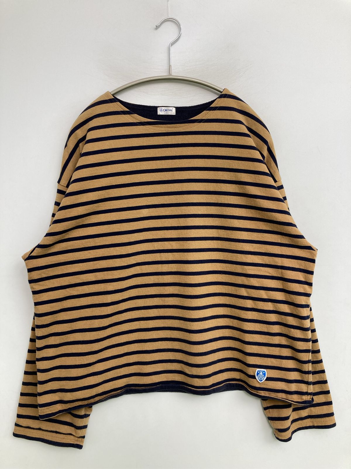 ORCIVAL オーシバル Tシャツ/カットソー 1 ベージュ ボーダー柄 ワンポイント ブランドロゴ ミドル丈 長袖 ボートネック レディース