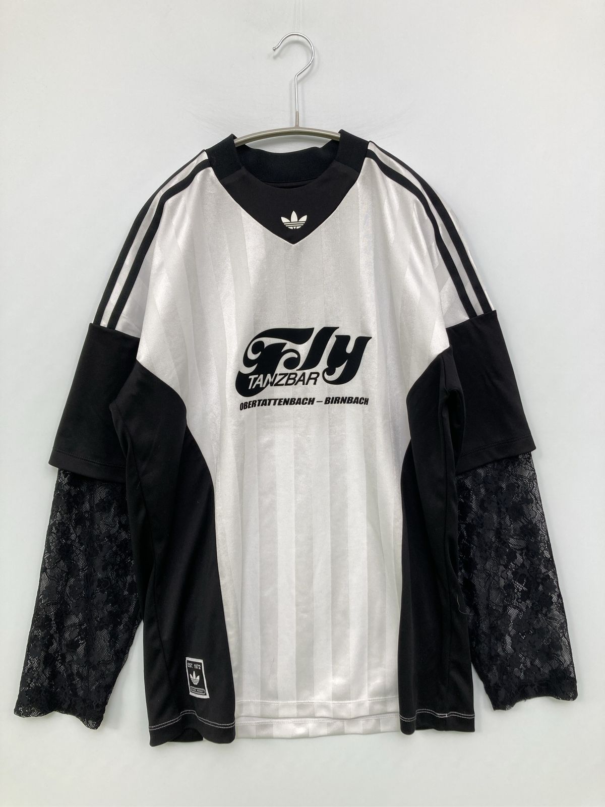 adidas アディダス Tシャツ/カットソー XS ストライプ柄 前面プリント バックプリント ブランドロゴ レース ライン柄 ミドル丈 長袖 クルーネック(丸首) メンズ レディース