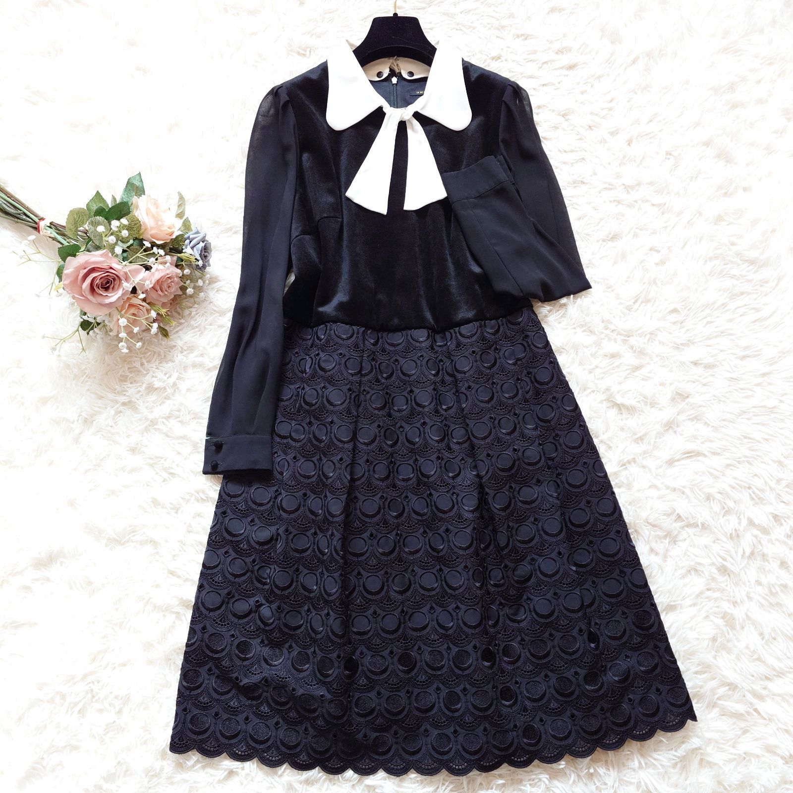 【美品】TO BE CHIC 大きいサイズ 46 ベロア レース ドッキング ロングワンピース 2way つけ襟 ボウタイ ブラック 黒