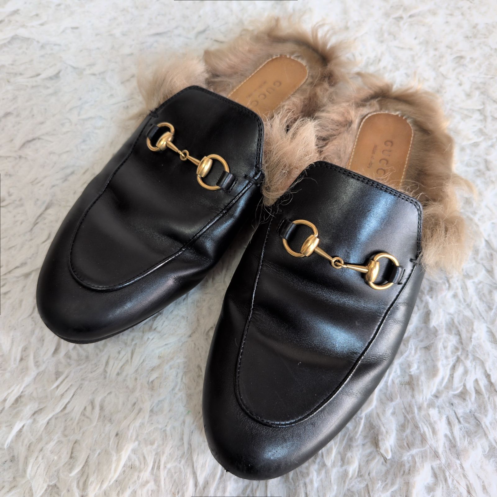 良品✨GUCCI グッチ ホースビット プリンスタウン ファーサンダル ローファー ミュール ラウンドトゥ レザー ブラック 黒 ゴールド金具 37