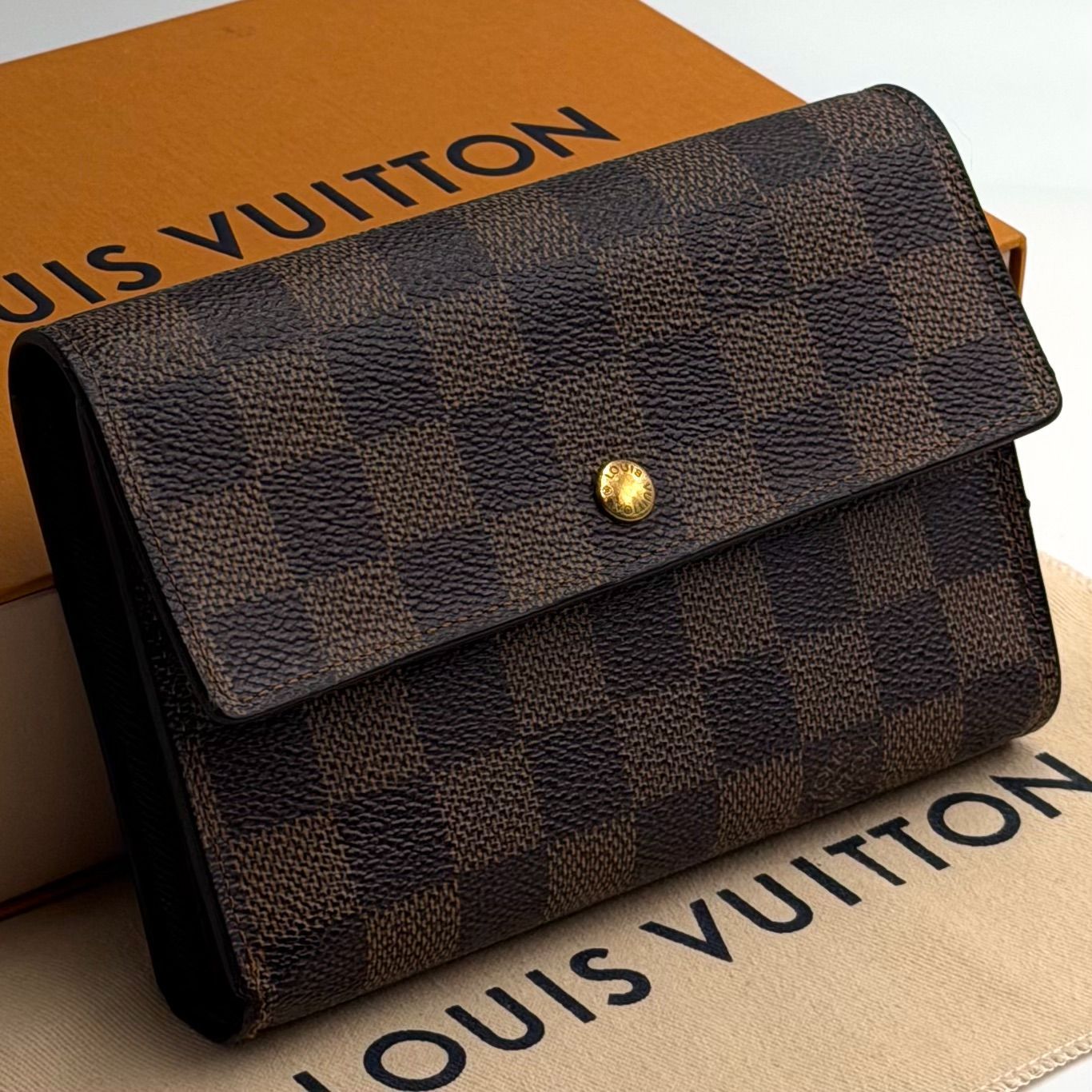 ルイヴィトン LOUIS VUITTON ダミエ エベヌ ポルトトレゾール エテュイ パピエ 三つ折り財布 お札入れ ゴールド金具 男女兼用 ブラウン N61202
