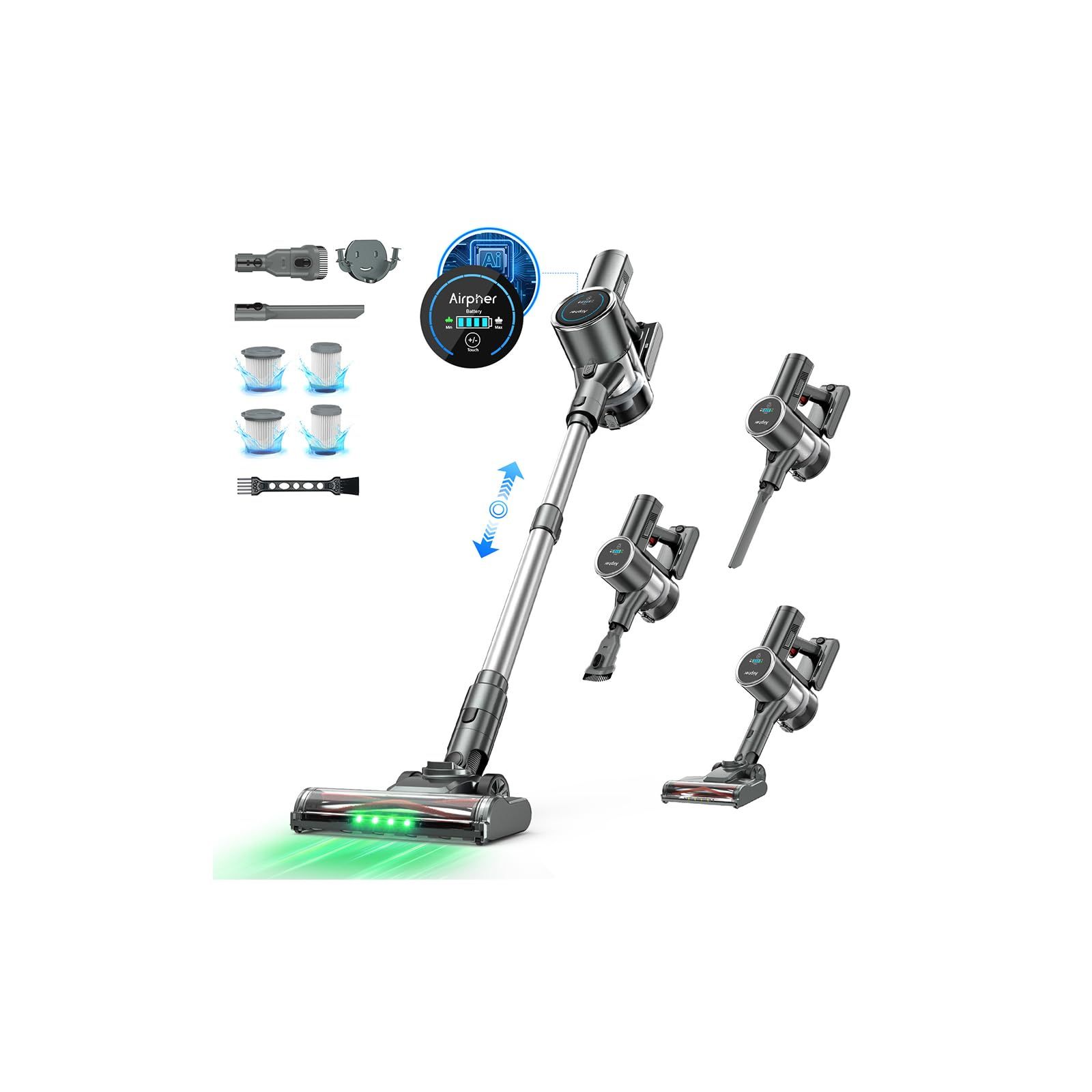 掃除機 コードレス 【150kPa真超強力吸引！・ADS（AI Dust Sensor）・自立式 2026衝撃的デビュー！】Airpher コードレス掃除機 強力 60分連続運転 着脱式バッテリー 自走式 LED液晶ディスプレイ 軽量 低騒音 54d115a6