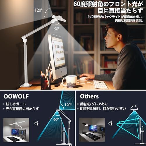 OOWOLF 学習デスクライト 高演色Ra98 目に優しい LED クランプ式 調光調色 背面ライト ダブル光源 高輝度 オフィス/読書/勉強用 セード幅80cm 電気スタンド シルバー★m 6738feb6