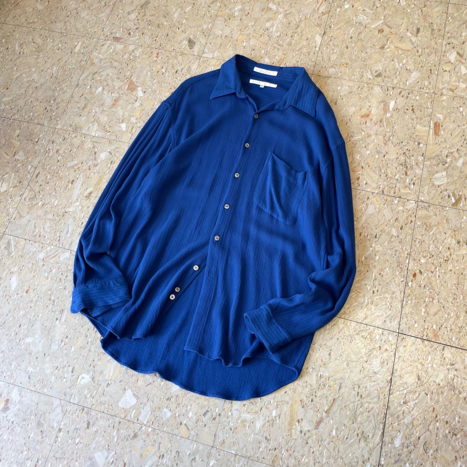 90s 【Perry Ellis】 ペリーエリス レーヨン リブ編み シャツ ブルー