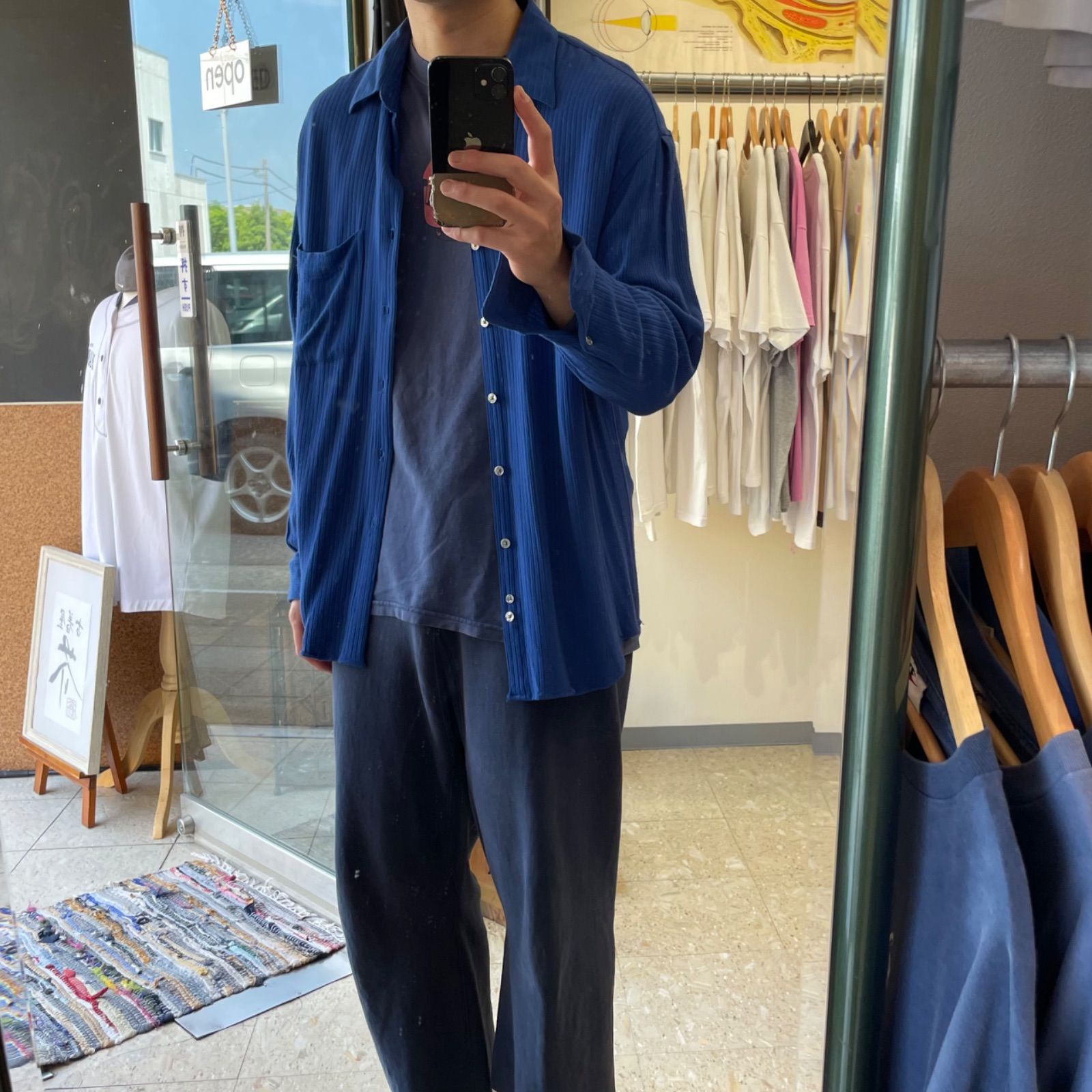 90s 【Perry Ellis】 ペリーエリス レーヨン リブ編み シャツ ブルー