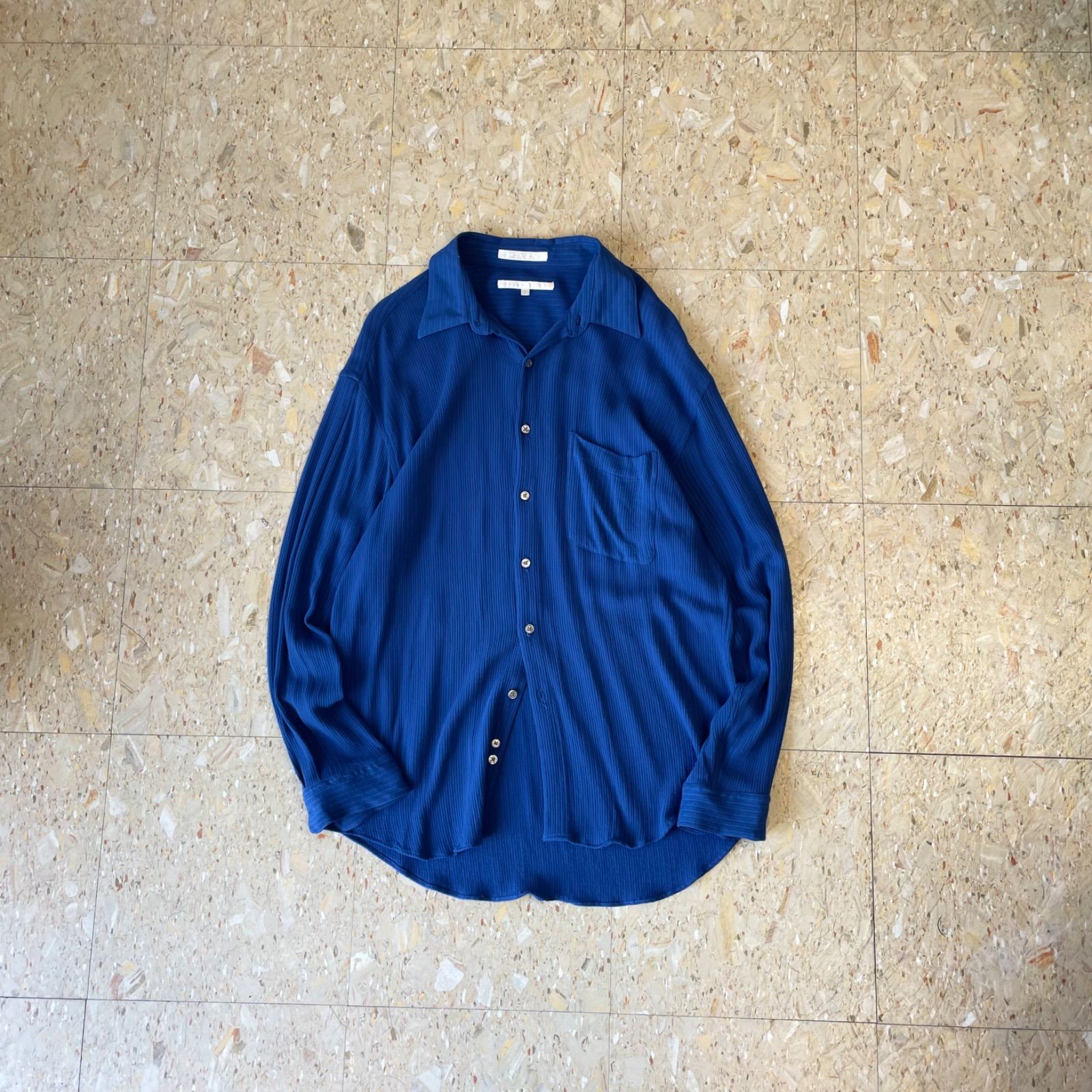 90s 【Perry Ellis】 ペリーエリス レーヨン リブ編み シャツ ブルー