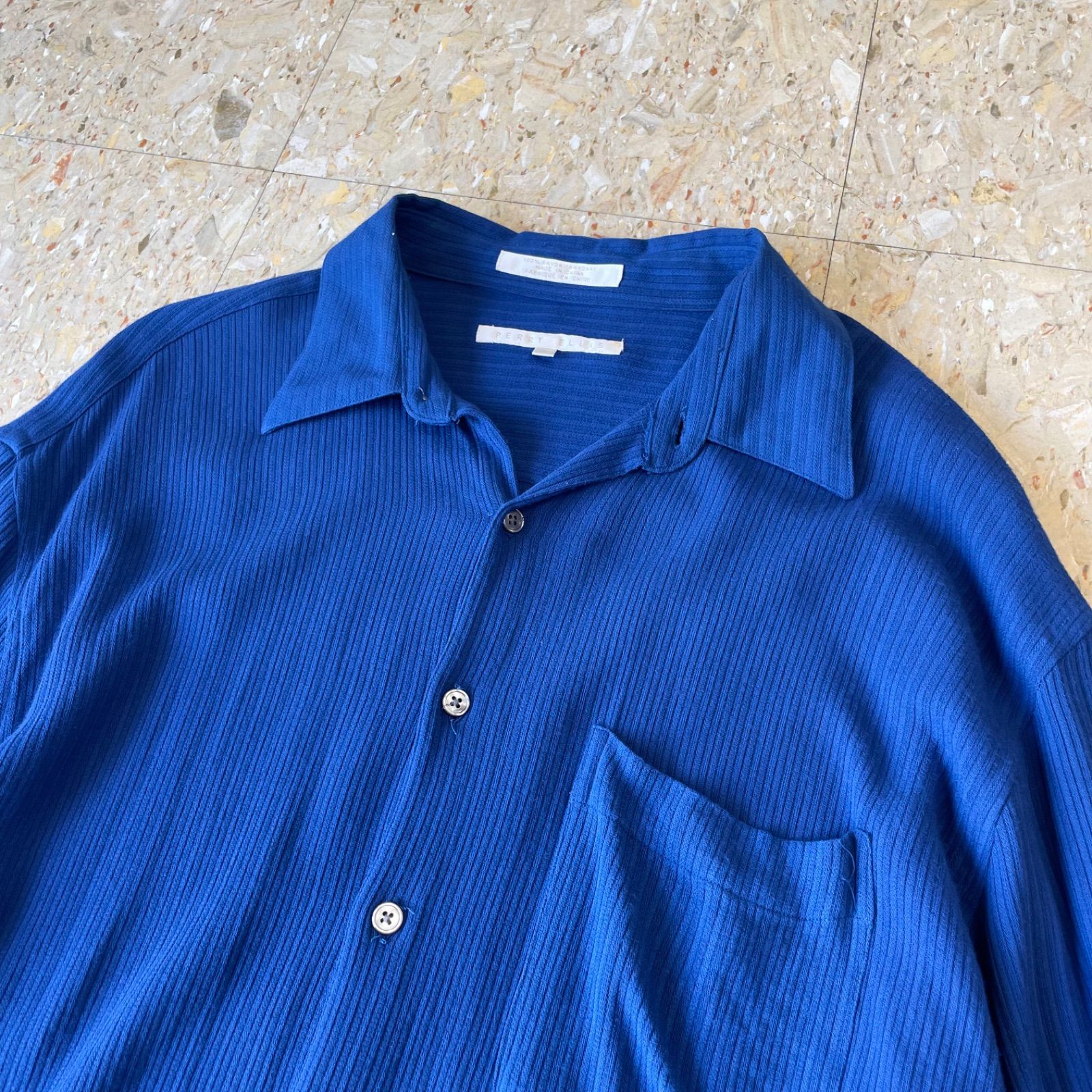 90s 【Perry Ellis】 ペリーエリス レーヨン リブ編み シャツ ブルー