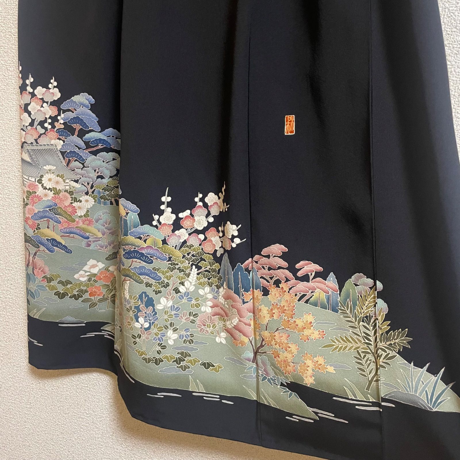 一点物 着物リメイク ロングワンピース ドレス 黒留袖 正絹 落款 作家