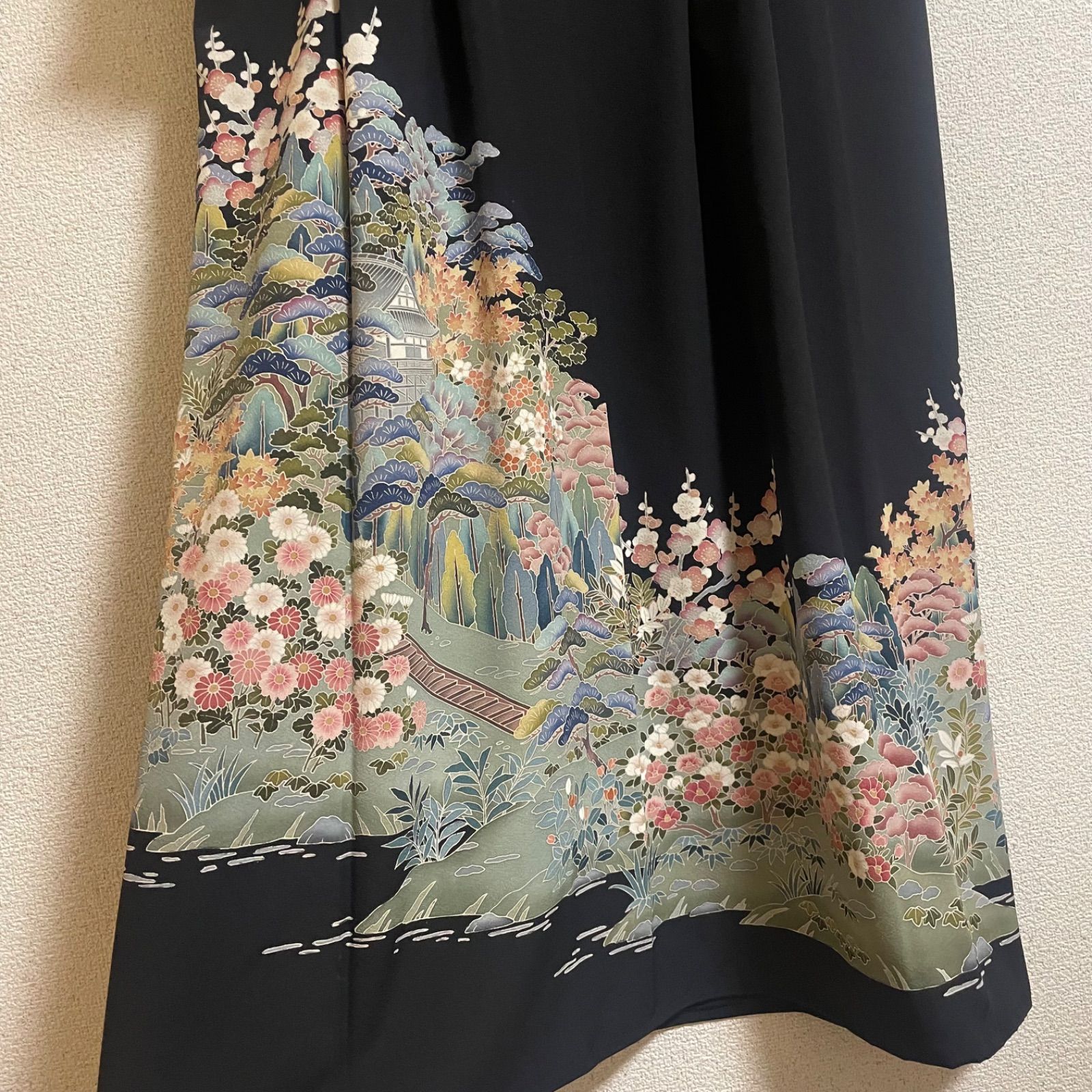 一点物 着物リメイク ロングワンピース ドレス 黒留袖 正絹 落款 作家