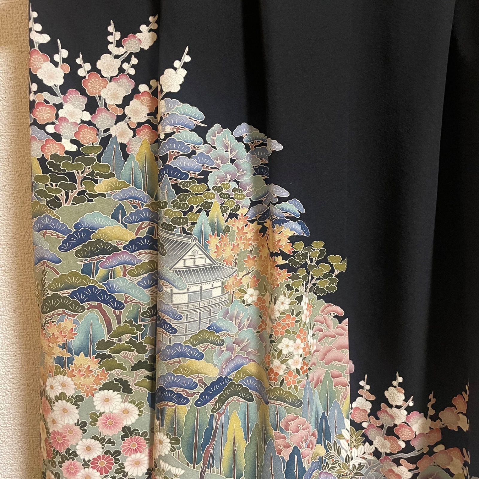 一点物 着物リメイク ロングワンピース ドレス 黒留袖 正絹 落款 作家