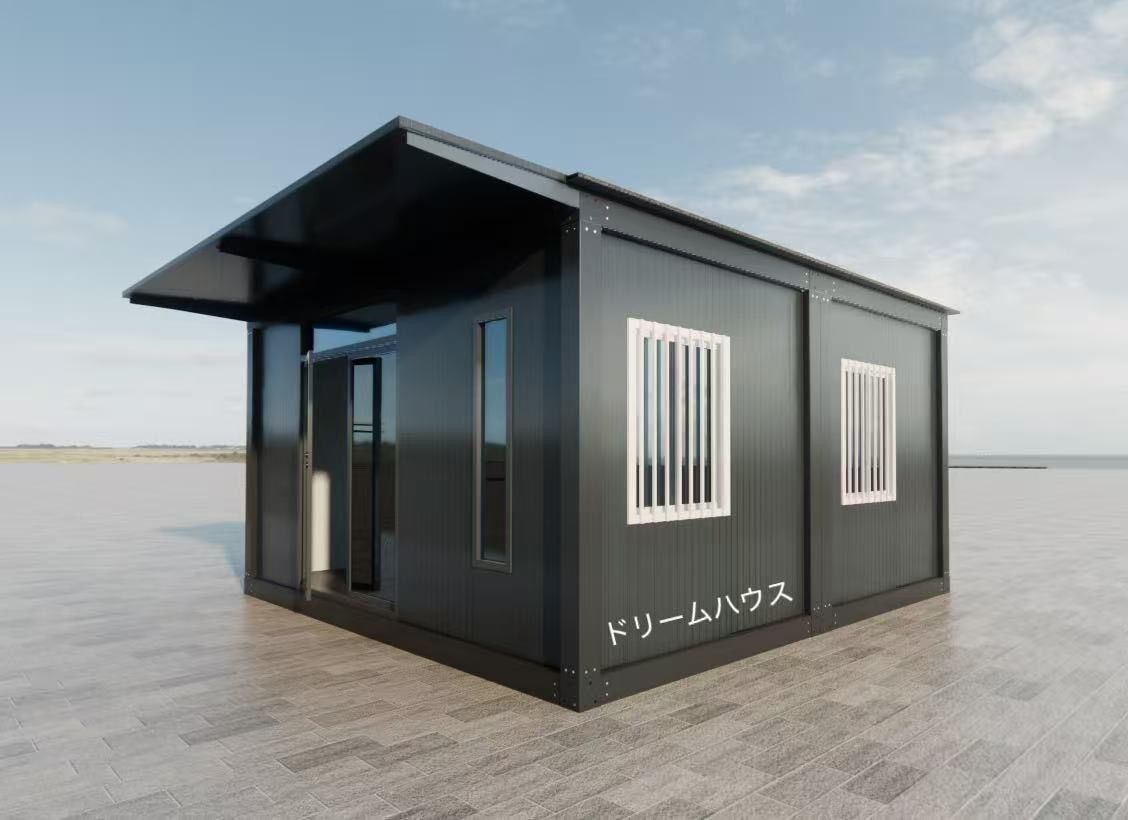 2.4x5.4x2.8m二連結勾配屋根 プレハブ 2mガラスドア 庇 FIX窓 事務所 
