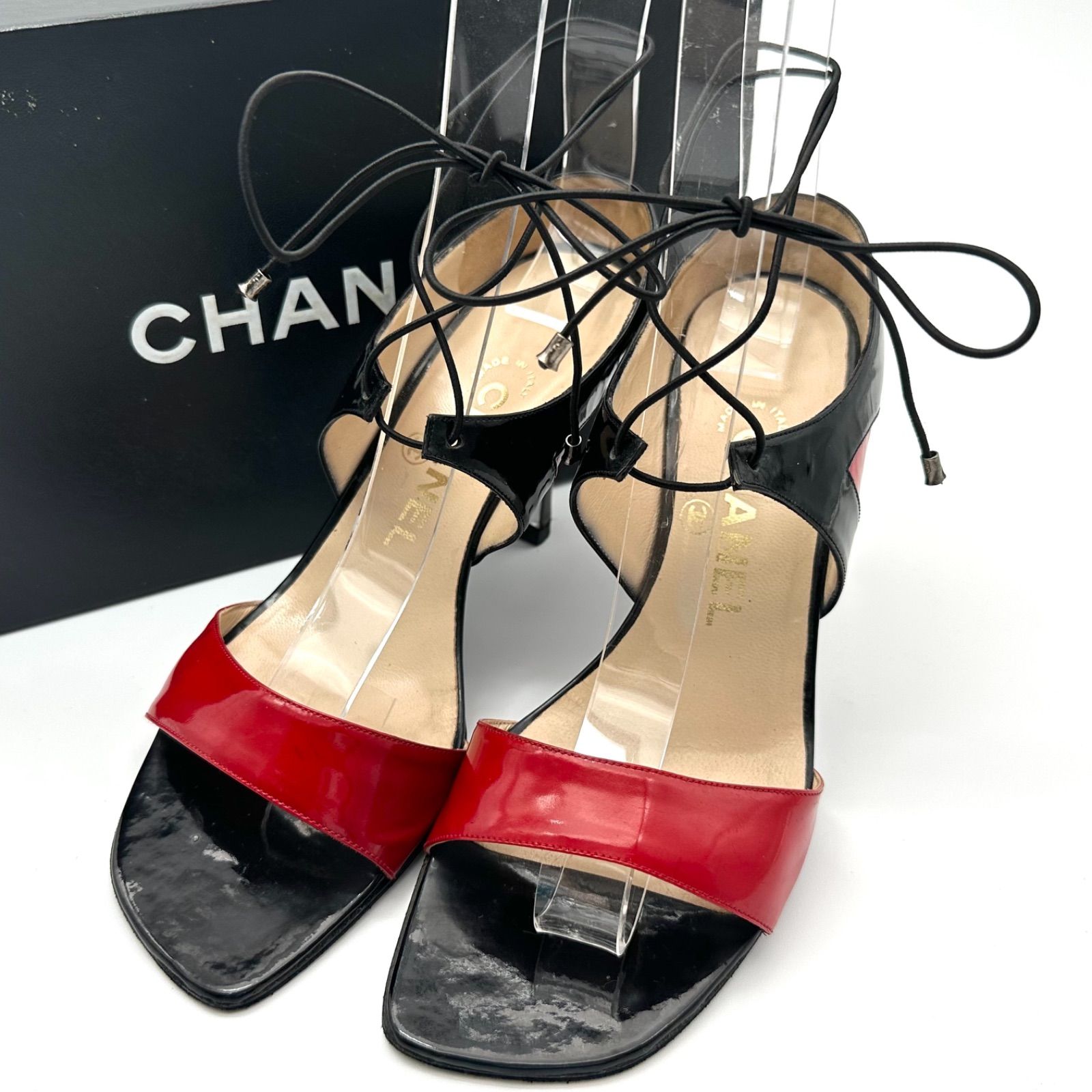 【B5410】 CHANEL シャネル レースアップ サンダル エナメル バイカラー オープントゥ ブラック レッド ピンヒール イタリア製